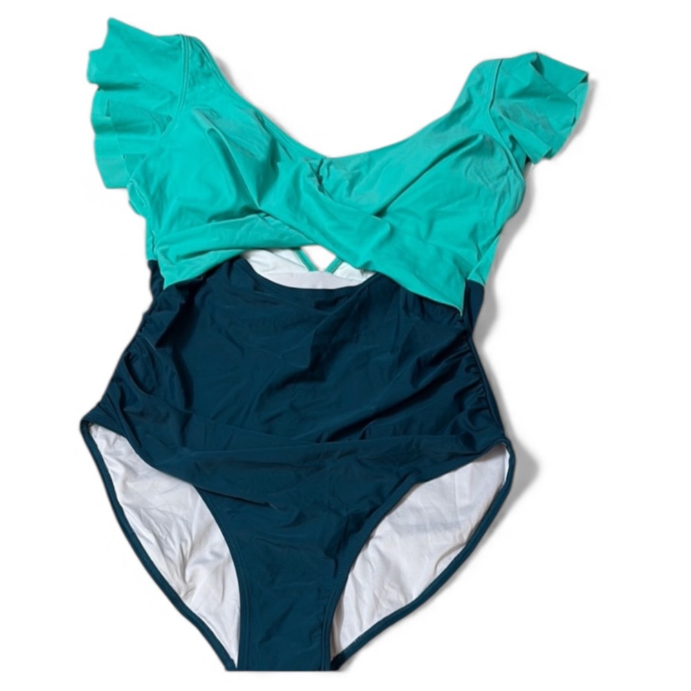 NWT B2Prity Green Colorblock One Piece Wrap Cut Out Style One Piece Swimsuit XL